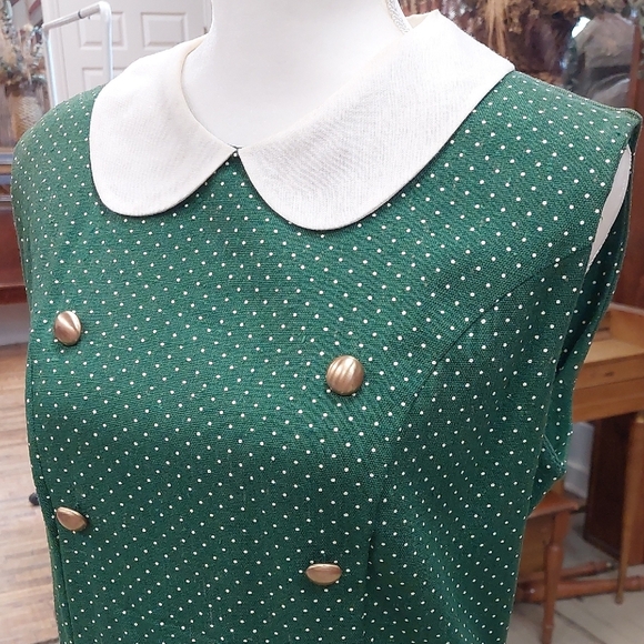Green Polka Dot Dress White Collar vintage Mode O’ Day styled in California FAD - Picture 3 of 14